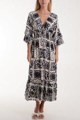 Royal Blue Tile Print Shirred Bodice Midi Dress For Women ONE SIZE - Dropwear